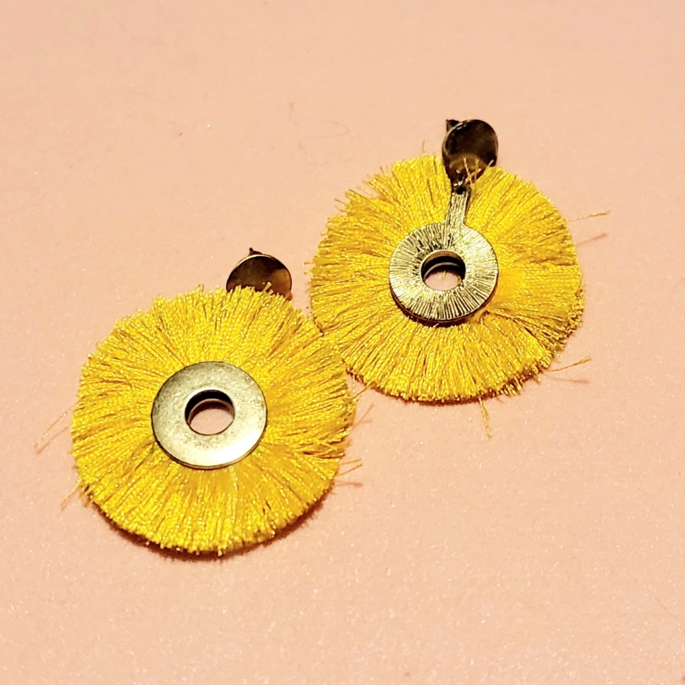 Yellow Tassel Earrings, Gold Circle Accent.